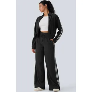 Halara Ribbed High Waisted Tummy Control Drawstring Wide Leg Trousers Black S thumbnail 2