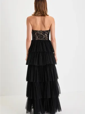 Lulus Sensational Darling Black Lace Tulle Tiered Strapless Maxi Dress thumbnail 4