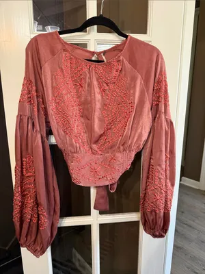 FREE PEOPLE Midnight Hour Embroidered Puff Sleeve Tie-Back Top Dusty Rose M BOHO thumbnail 3