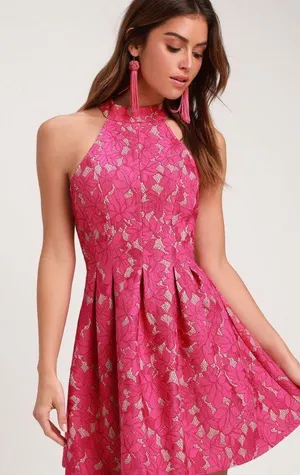 Lulus Seasons Of Love Fuchsia Lace Halter Skate Dress thumbnail 1