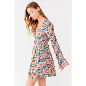 Urban Outfitters Floral Elise Smocked-Waist Mini Dress Size Large thumbnail 3