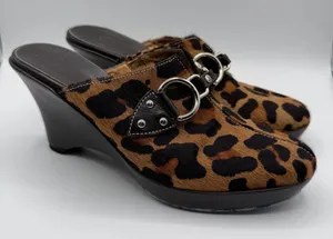 Cole Haan Leopard Calf Hair Horsebit Mule Heels Brown Black Womens 7.5B Brazil thumbnail 1
