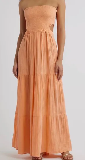 Rip Curl Orange Peach Tiered Maxi Dress Smocked Strapless XS 100% Cotton Boho thumbnail 1