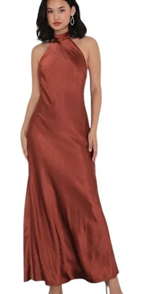 Lulus Brown Satin Halter Maxi Dress Size Large NWT Wedding Guest Dress thumbnail 1