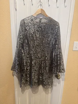 White House Black Market Size 8 Metallic Silver Bell Sleeve Dress thumbnail 13