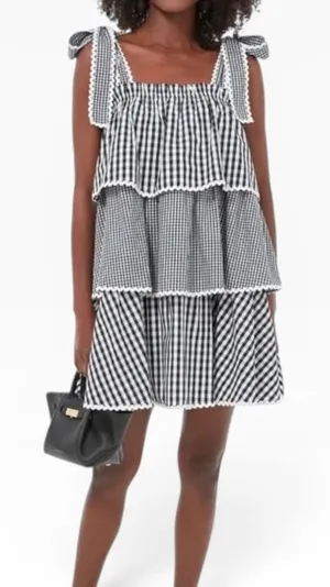 Hyacinth House‎ Donna Gingham Tiered Mini Dress Black White Ric-Rac XS thumbnail 1