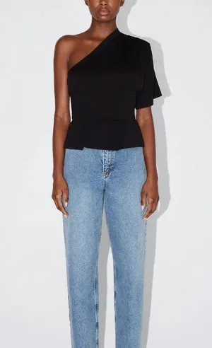 NWOT Khy One Shoulder Cinching Tee in Black thumbnail 1