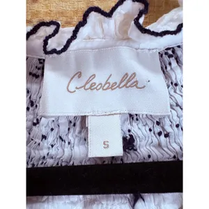 Cleobella Organic Cotton Smocked Ruffle Blouse Womens Small White Navy Tassel thumbnail 3