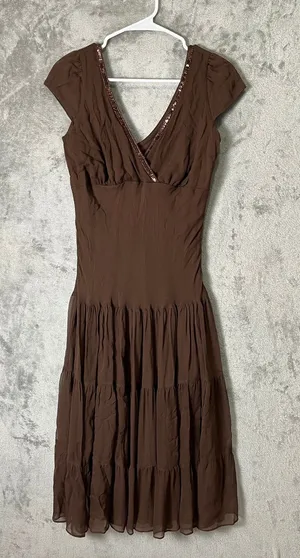 Vintage Y2K Babydoll Silk Chiffon Sequin Brown Midi Dress Small‎ Earth Fairy New thumbnail 1