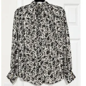 H&M Black White Floral Sheer High Neck Blouse Gold Button Cuffs Size S thumbnail 4