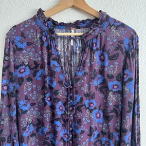 Free People Wine Purple Blue Boho Floral Mystery Bell Sleeve Tunic Blouse thumbnail 5