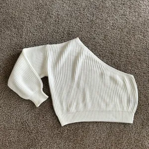 Cable Knit White One Shoulder Lantern Long Sleeve Pullover Sweater thumbnail 4