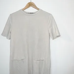 Zara neutral short sleeve faux pocket minimalist mini shift dress thumbnail 2