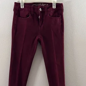 American Eagle Women Red Burgundy Jegging Jean 360 size 0 super‎ stretch thumbnail 2