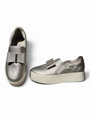Joy Luxe Genuine Leather Bow Platform Sneakers Orthotic Slip On Pewter‎ 7.5W thumbnail 3