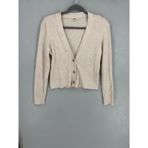 Uniqlo Women Cardigan Ribbed V-Neck Button Front Beige Small thumbnail 2