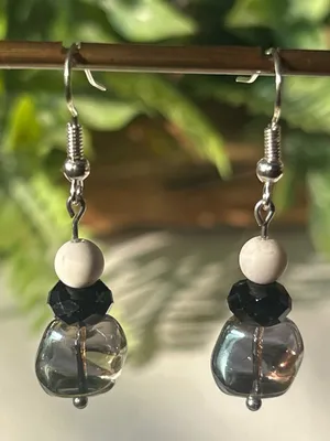 Handmade Silver-Tone Dangle Earrings with White, Black and Smoky Beads thumbnail 1