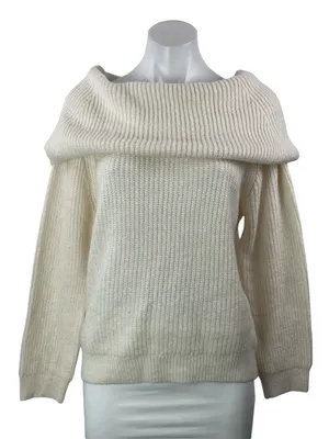 NEW MNG Mango Cream Off The Shoulder Ribbed Knit Long Sleeve Sweater Top Size M thumbnail 1