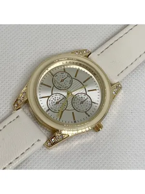 Ding feng Women’s watch gold tone rhinestones 35mm quartz white leather running thumbnail 2