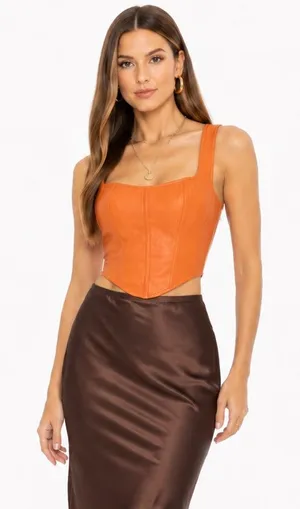 NEW Sincerely Jules Orange Faux Leather Corset Bustier Crop Top Fall Halloween thumbnail 1