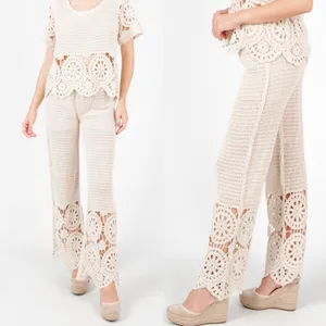 Solitaire X Anthropologie Crochet Wide Leg Pants Cream Ivory Boho Bohemian thumbnail 4