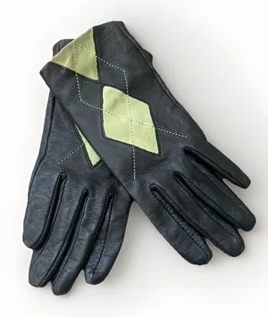 Altare Black Leather Gloves Womens S Argyle Green Contrast Lined Winter Driving thumbnail 1