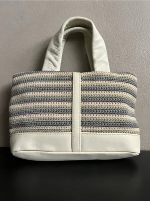 The Sak White Gray Seafoam Striped Crochet Tote Bag Leather Trim Mini Tote Purse thumbnail 2