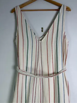 American Eagle Women’s Sz M Striped Cotton Linen Wide Leg Jumpsuit Boho Coastal thumbnail 9
