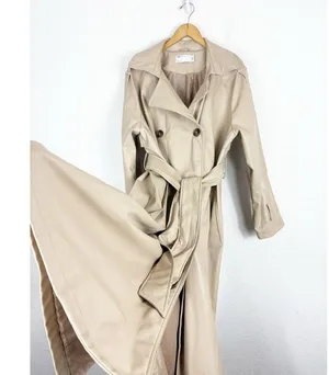 ASOS DESIGN Tan Faux Leather Trench Coat Size 12 Long Preppy Chic Minimalist thumbnail 12
