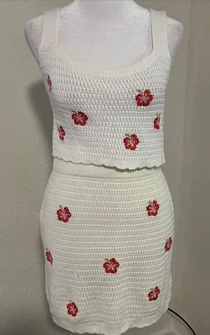 wild fable White Crochet Two-Piece Skirt Set with Red Floral Embroidery thumbnail 1