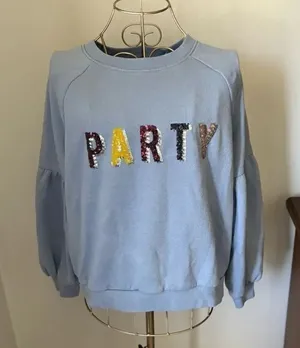 Aerie PARTY Sequin Graphic Crewneck Sweatshirt Light Blue Size M thumbnail 1