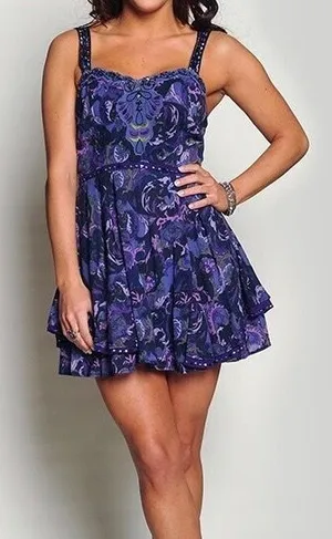 Free People Purple Floral Sequin Tiered Mini Dress thumbnail 1