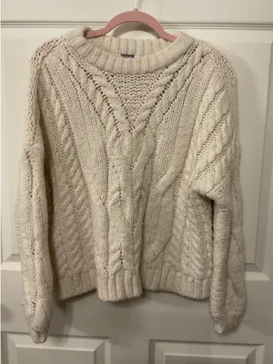 Aerie Cream Cableknit Crewneck Sweater, XS thumbnail 1