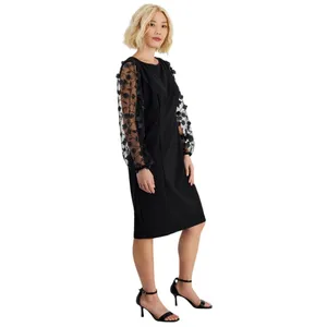 Connected Apparel Petite Long Sheer-Sleeve Applique Dress TLB37170P1 Black 4P thumbnail 8