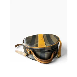 Fendi Pequin Canvas Round Hatbox Bag 10" Brown Black Vintage 80s Crossbody thumbnail 3