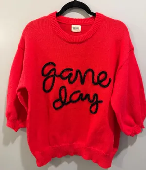 Peach Love BiBi Game Day Metallic Letter Short Sleeve Puff Sleeve Sweater Red thumbnail 4