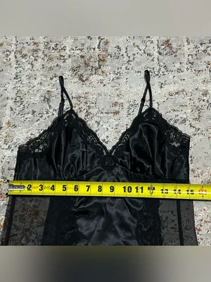 Vintage Fredericks of Hollywood black satin sheer mesh chemise slip dress size M thumbnail 5