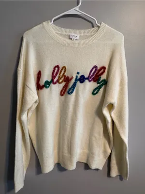 Le Lis Collection XS Holly Jolly Tinsel Christmas Sweater Cream Holiday thumbnail 1