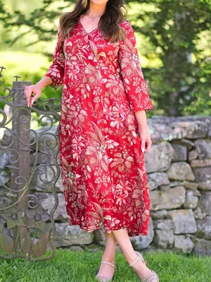 April Cornell Red Floral V Neck Milkweed Dress with Green Accents Size Medium thumbnail 10