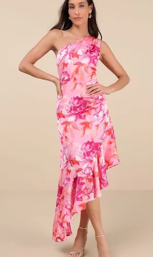 Lulus Divinely Blooming Pink Multi Floral One-Shoulder Midi Dress Size Small NWT thumbnail 1