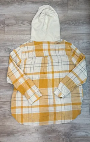 American Eagle Mustard Plaid Hooded Flannel Shirt Jacket L thumbnail 2