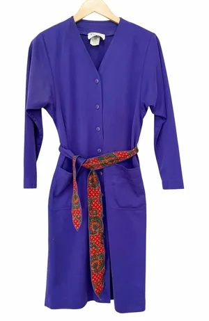 Vintage Ricano Petites Purple Long Sleeve Shirt Dress Pattern Belt Sz S/M Petite thumbnail 1