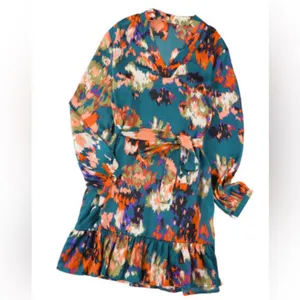 NEW Deep Turquoise Abstract Multicolor Print Belted Ruffle Satin Mini Dress thumbnail 9
