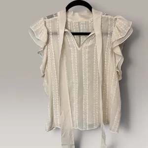 Ulla Johnson Ivory 100% Silk Embroidered Ruffle Tie Neck Blouse Top Size 0 thumbnail 2