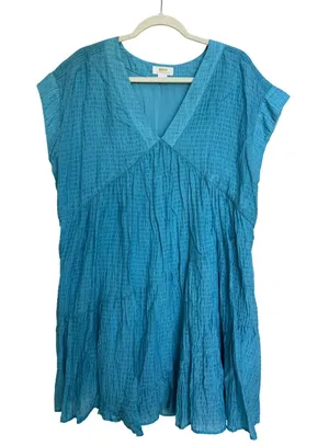 Maeve Anthropologie Turquoise Blue Textured Tiered Babydoll Dress Size Large thumbnail 1