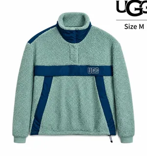 UGG Sherpa Fleece Pullover Women's M Teal Blue Logo Quarter Snap Cozy Sweater thumbnail 2