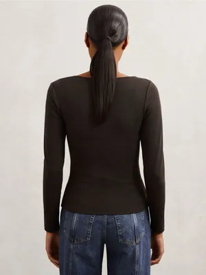 REISS Felicity Stretch-Cotton Asymmetric-Neck Top in Chocolate Brown Size Small thumbnail 8