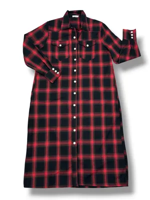 L&S‎ Plaid Snap Front Midi Duster Shirt Dress Shacket Red Black XL Western Boho thumbnail 11