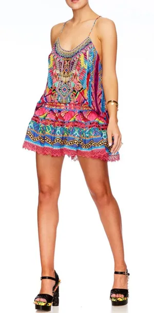Camilla Pastel Floral Ikat Embroidered Top in Pink, Blue, Purple Size Medium thumbnail 1