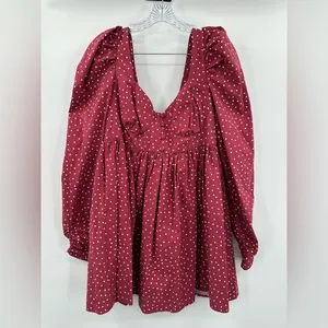 Asos Design‎ Red Burgundy Cotton White Polka Dot Babydoll Mini Dress Size 10 thumbnail 2